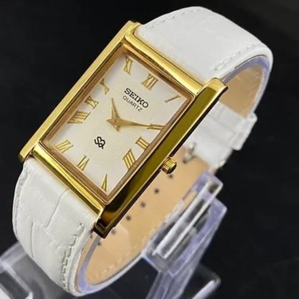 Vintage Style Seiko Quartz Mens Gold Watch & White accents W/ Leather Strap